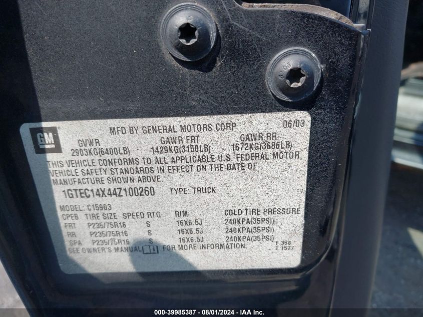 2004 GMC Sierra 1500 Work Truck VIN: 1GTEC14X44Z100260 Lot: 39985387