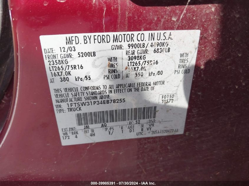 2004 Ford F-350 Lariat/Xl/Xlt VIN: 1FTSW31P34EB78255 Lot: 39985391