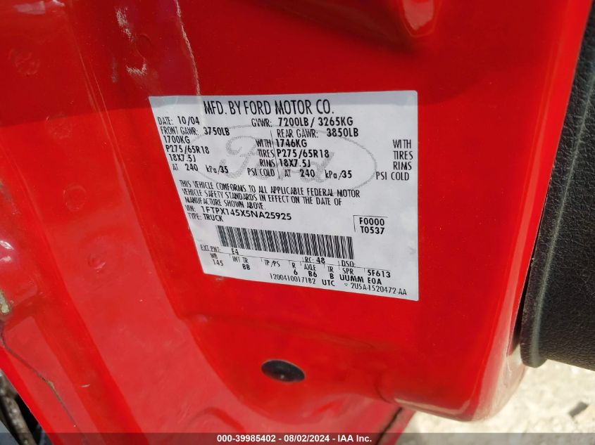 2005 Ford F150 VIN: 1FTPX145X5NA25925 Lot: 39985402