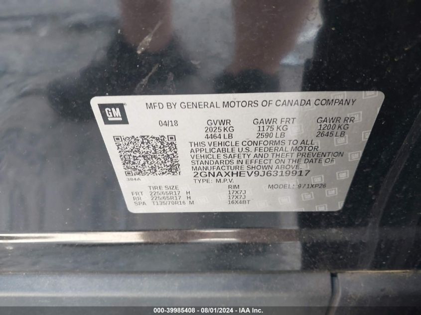 2018 Chevrolet Equinox Ls VIN: 2GNAXHEV9J6319917 Lot: 39985408