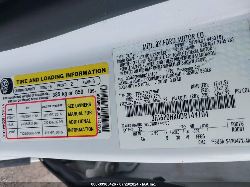 2013 Ford Fusion Se VIN: 3FA6P0HR0DR144104 Lot: 39985426