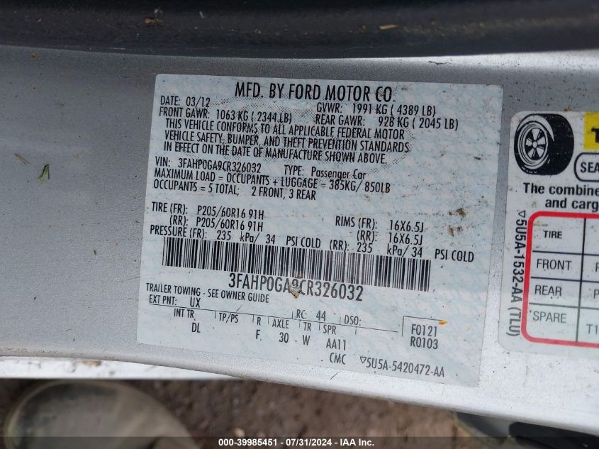 2012 Ford Fusion S VIN: 3FAHP0GA9CR326032 Lot: 39985451