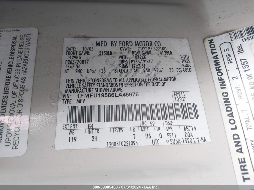 2006 Ford Expedition Limited VIN: 1FMFU19586LA45676 Lot: 39985463