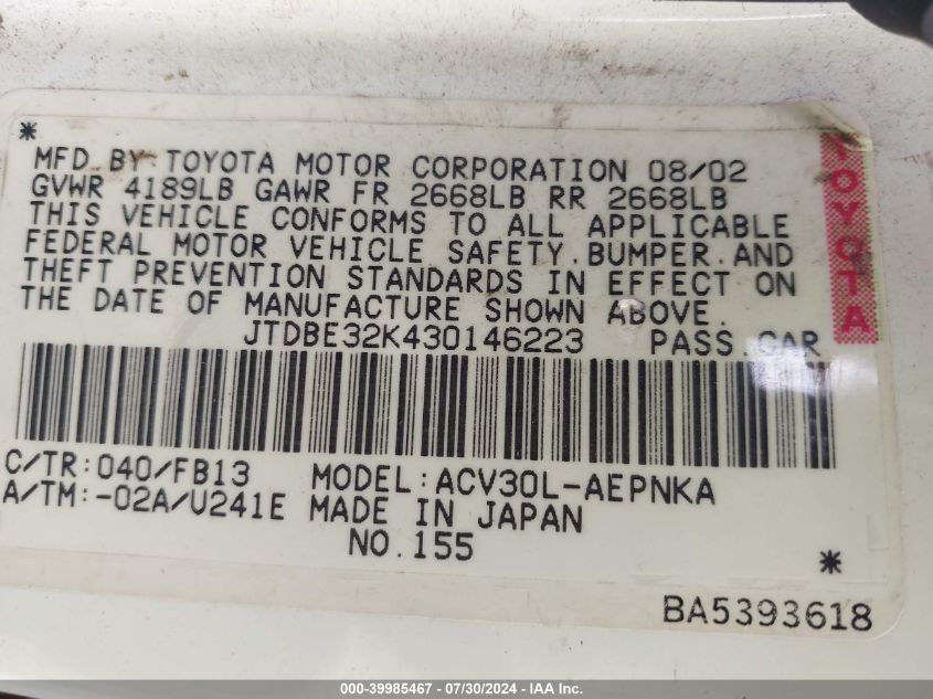 2003 Toyota Camry Le/Se/Xle VIN: JTDBE32K430146223 Lot: 39985467