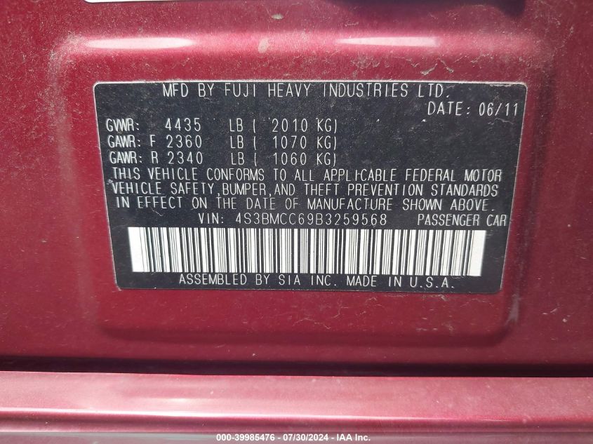 2011 Subaru Legacy 2.5I Premium VIN: 4S3BMCC69B3259568 Lot: 39985476
