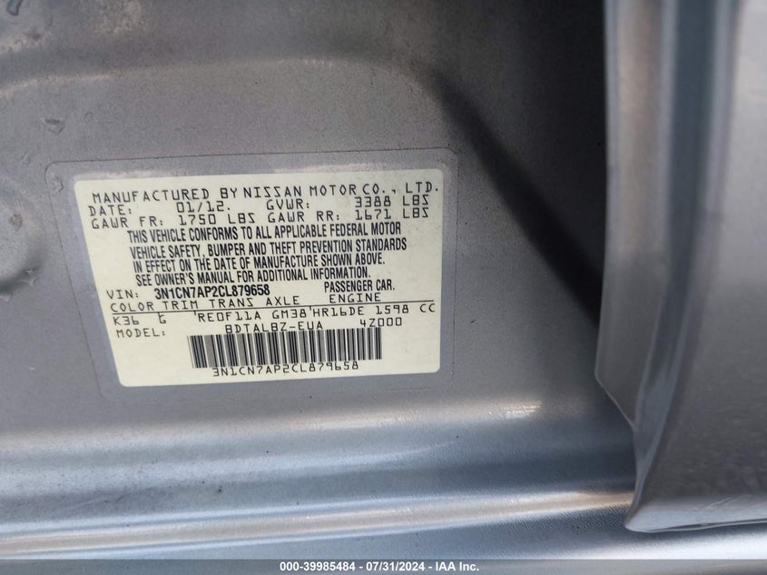 2012 Nissan Versa 1.6 Sv VIN: 3N1CN7AP2CL879658 Lot: 39985484