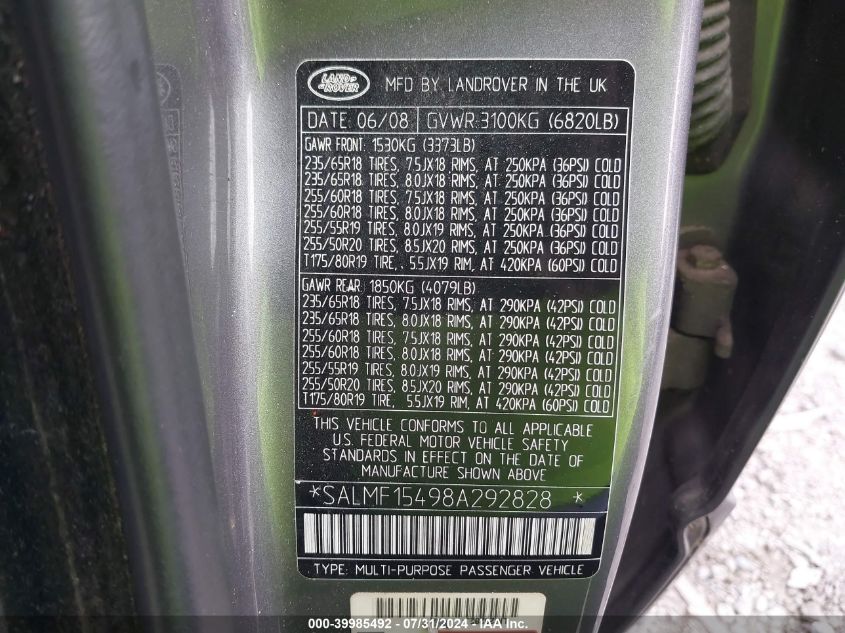 2008 Land Rover Range Rover Hse VIN: SALMF15498A292828 Lot: 39985492