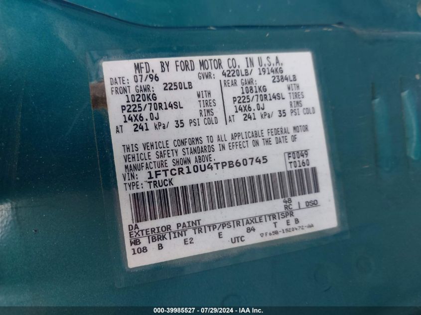 1996 Ford Ranger VIN: 1FTCR10U4TPB60745 Lot: 39985527