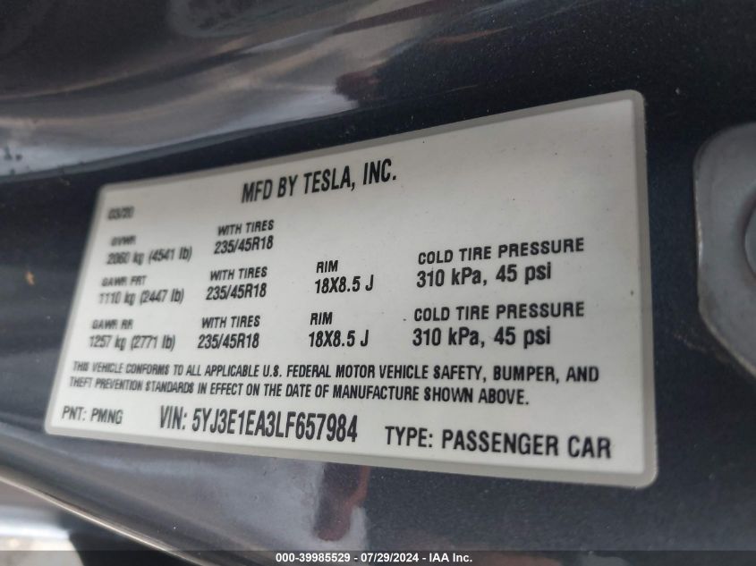 2020 Tesla Model 3 Standard Range Plus Rear-Wheel Drive/Standard Range Rear-Wheel Drive VIN: 5YJ3E1EA3LF657984 Lot: 39985529