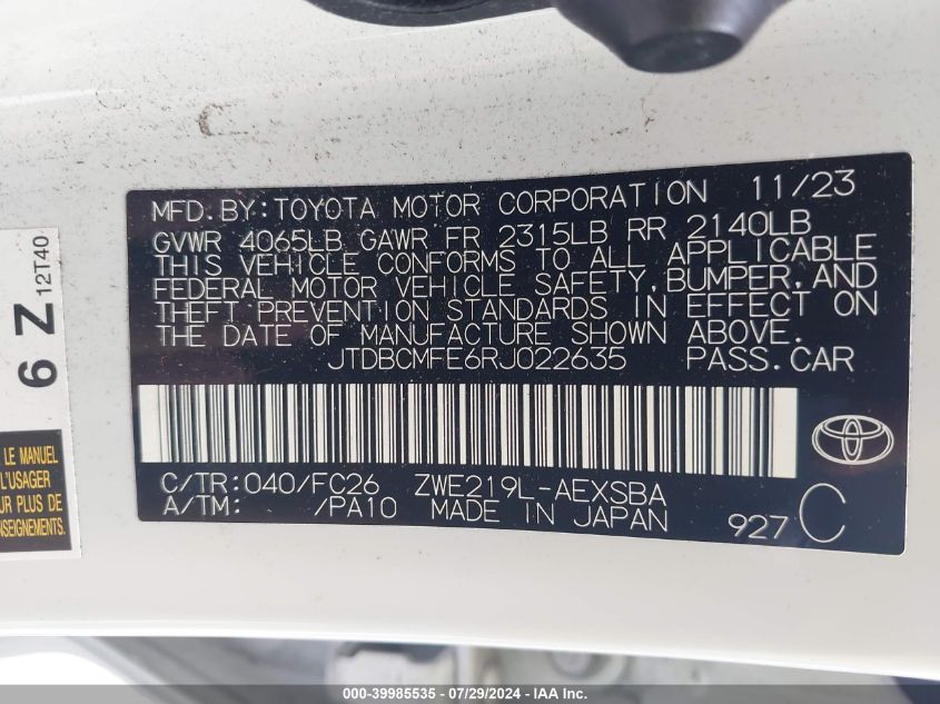 2024 TOYOTA COROLLA HYBRID SE - JTDBCMFE6RJ022635