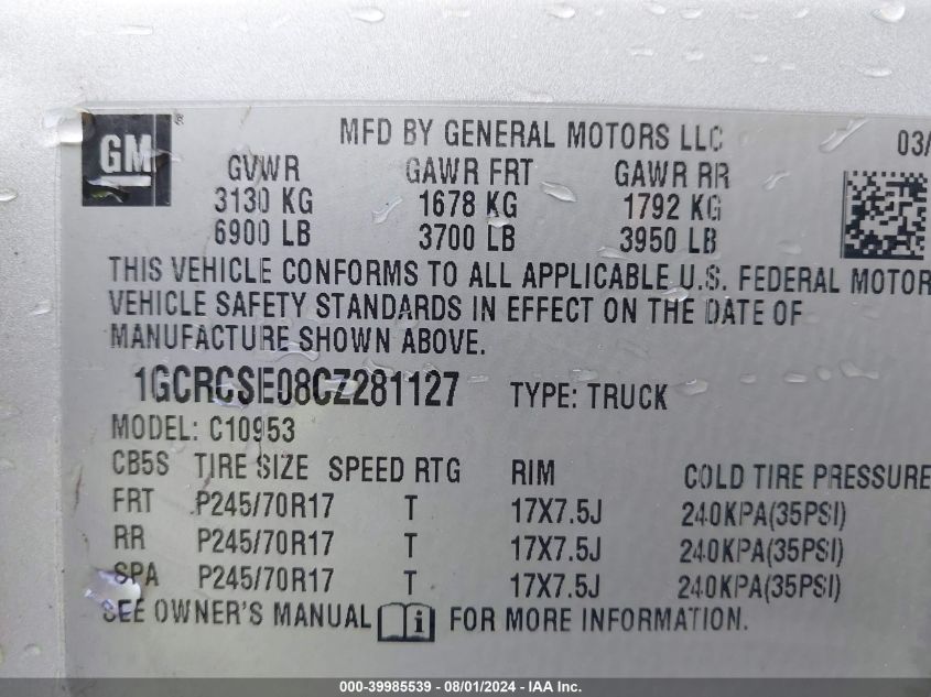 2012 Chevrolet Silverado 1500 Lt VIN: 1GCRCSE08CZ281127 Lot: 39985539