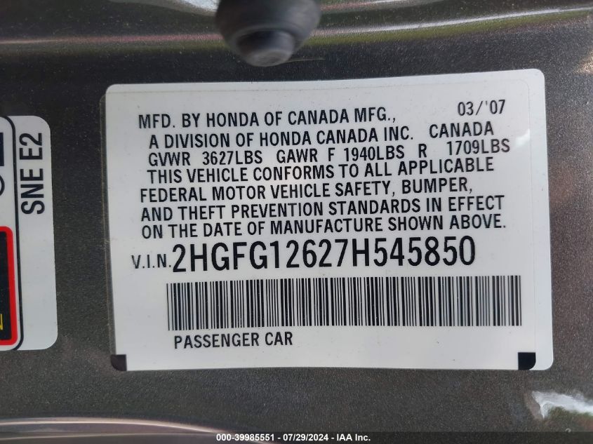 2HGFG12627H545850 | 2007 HONDA CIVIC