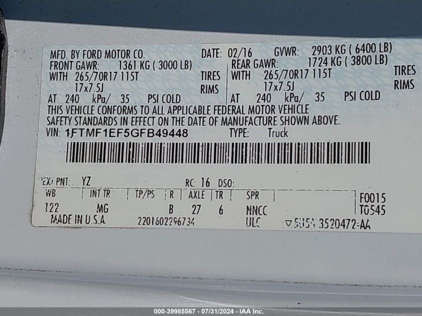 2016 Ford F-150 Xlt VIN: 1FTMF1EF5GFB49448 Lot: 39985567