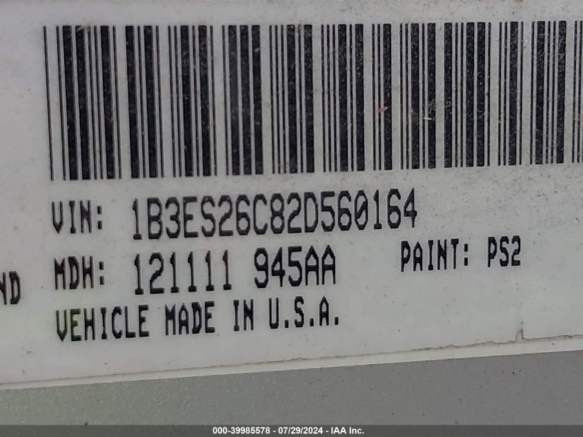 2002 Dodge Neon VIN: 1B3ES26C82D560164 Lot: 39985578