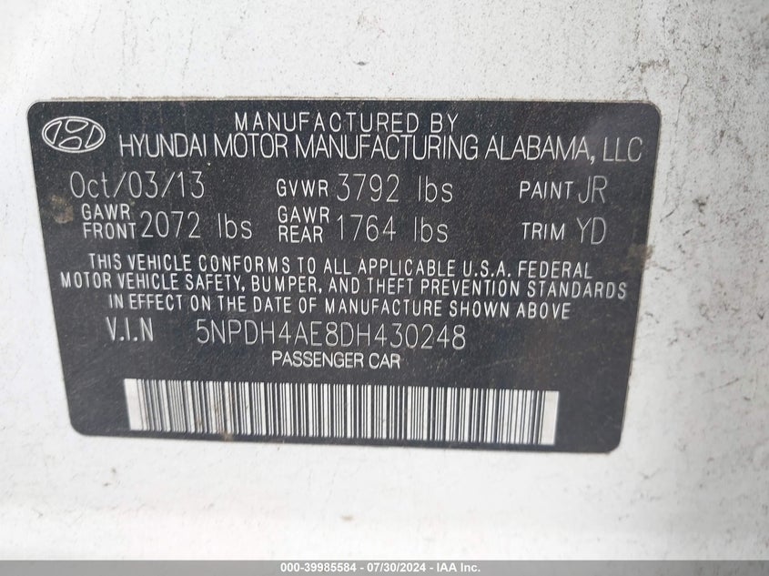 2013 Hyundai Elantra Gls VIN: 5NPDH4AE8DH430248 Lot: 39985584