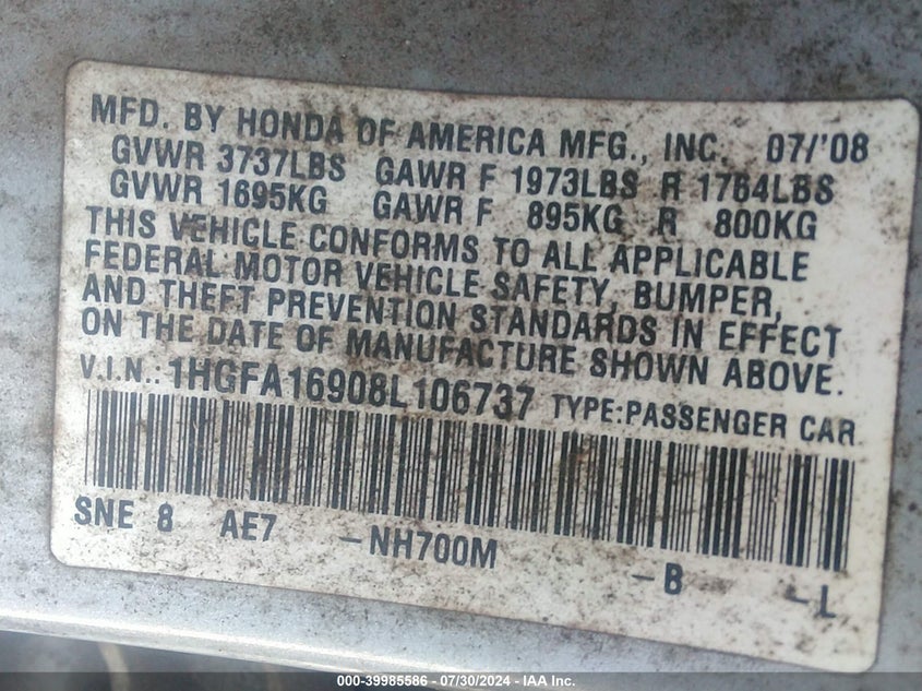 2008 Honda Civic Exl VIN: 1HGFA16908L106737 Lot: 39985586
