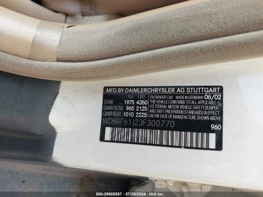 2003 Mercedes-Benz C 240 VIN: WDBRF61J23F300770 Lot: 39985587