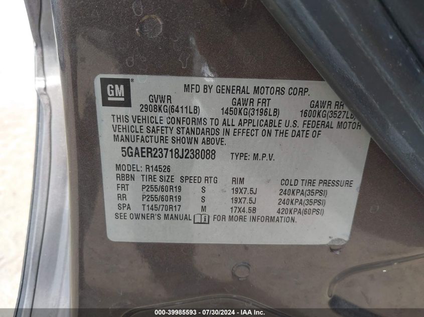 2008 Buick Enclave Cxl VIN: 5GAER23718J238088 Lot: 39985593