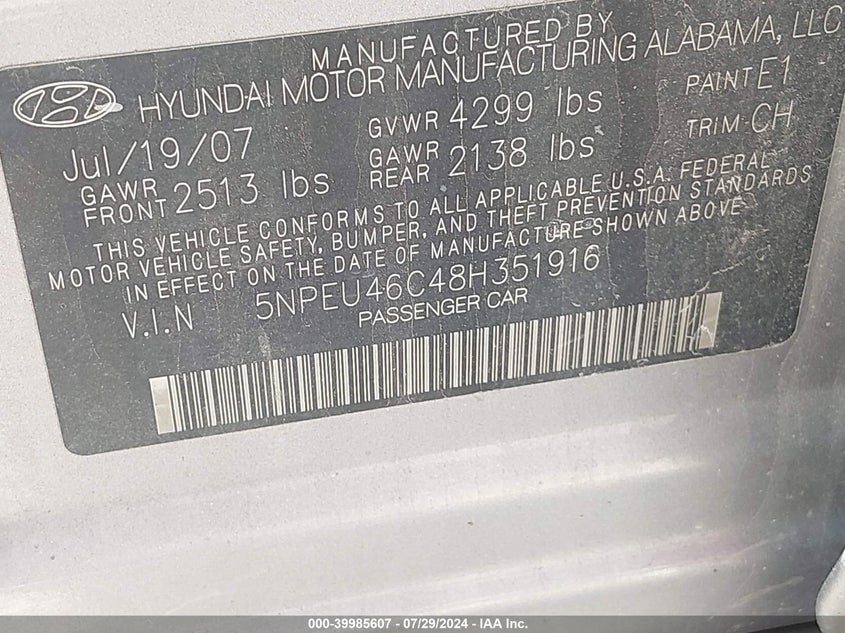 2008 Hyundai Sonata Limited/Se VIN: 5NPEU46C48H351916 Lot: 39985607