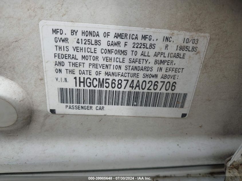 2004 Honda Accord 2.4 Ex VIN: 1HGCM56874A026706 Lot: 39985648