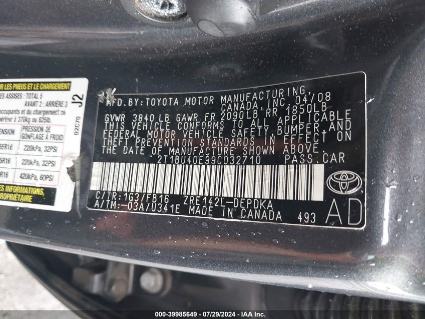 2009 Toyota Corolla Le VIN: 2T1BU40E99C032710 Lot: 39985649