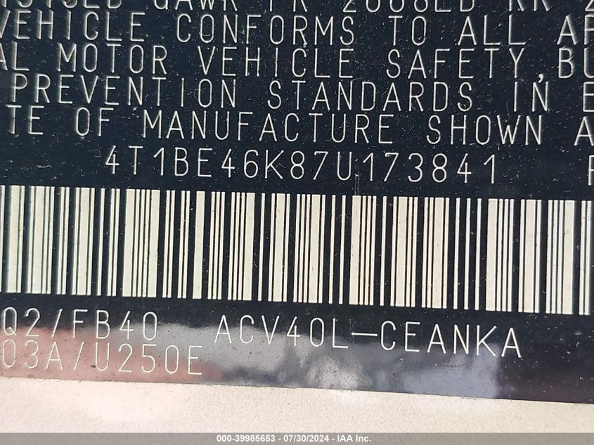 2007 Toyota Camry Le VIN: 4T1BE46K87U173841 Lot: 39985653