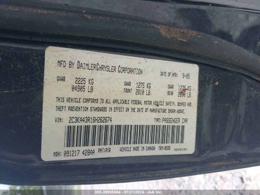 2006 Chrysler 300 VIN: 2C3KA43R16H262674 Lot: 39985664