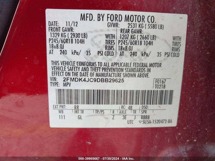 2013 Ford Edge Sel VIN: 2FMDK4JC9DBB29625 Lot: 39985667