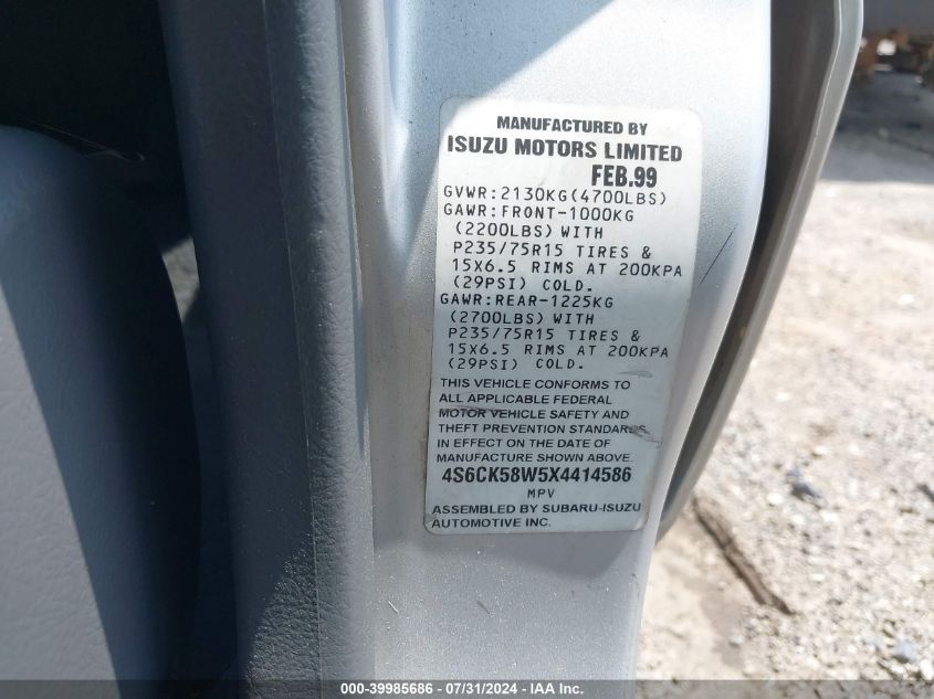 1999 Honda Passport Ex/Lx VIN: 4S6CK58W5X4414586 Lot: 39985686