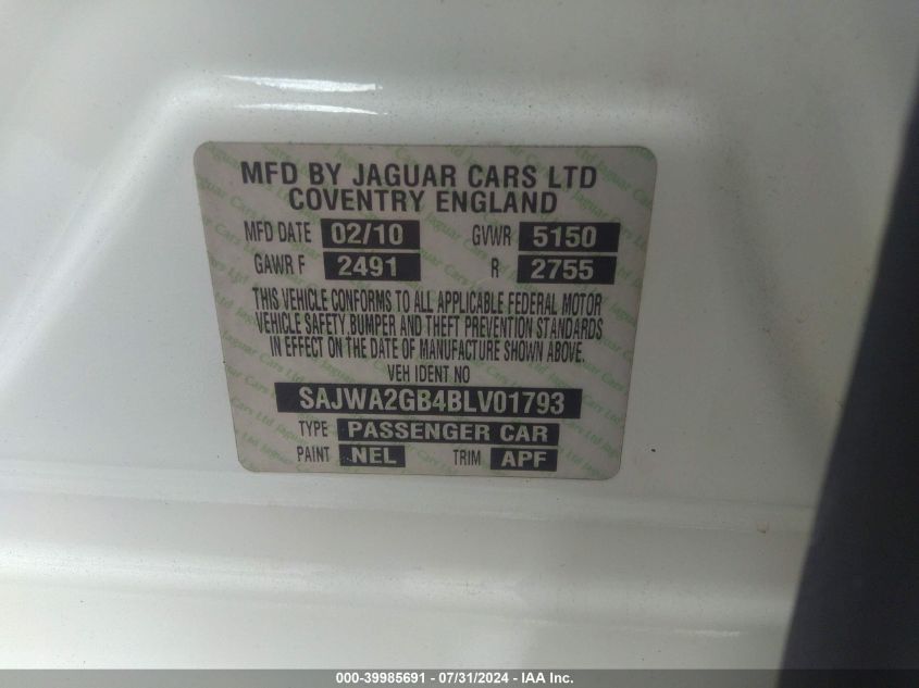 2011 Jaguar Xj VIN: SAJWA2GB4BLV01793 Lot: 39985691