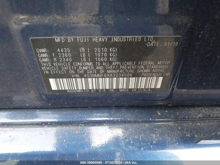 2010 Subaru Legacy 2.5I Premium VIN: 4S3BMBF6XA3234506 Lot: 39985698