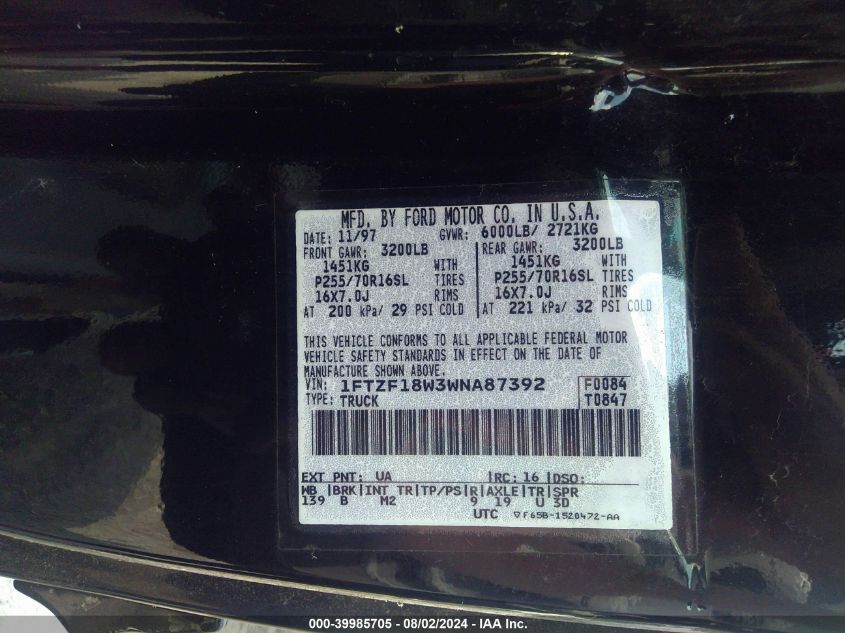 1998 Ford F-150 Lariat/Standard/Xl/Xlt VIN: 1FTZF18W3WNA87392 Lot: 39985705