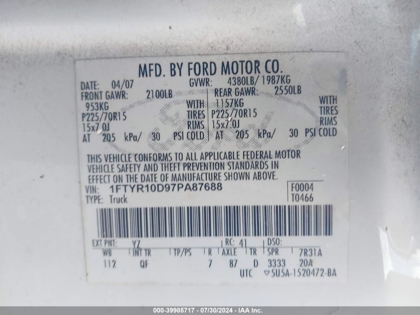 2007 Ford Ranger Stx/Xl/Xlt VIN: 1FTYR10D97PA87688 Lot: 39985717