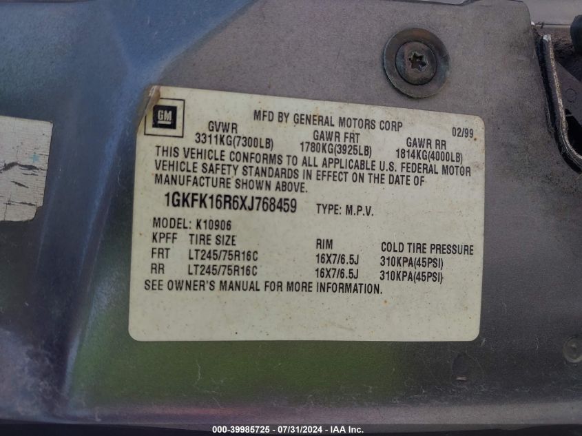 1999 GMC Suburban K1500 VIN: 1GKFK16R6XJ768459 Lot: 39985725