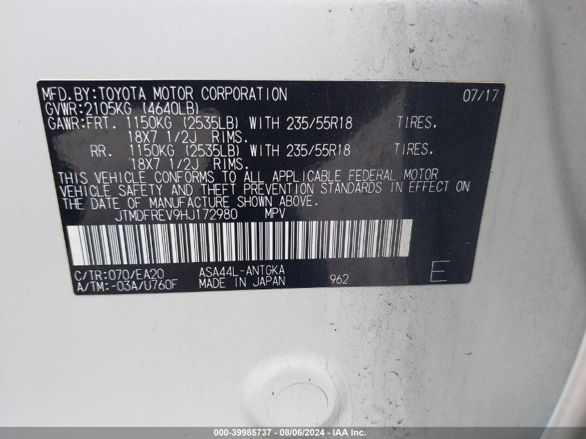 2017 Toyota Rav4 Limited VIN: JTMDFREV9HJ172980 Lot: 39985737