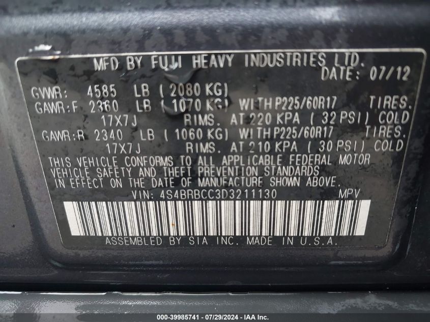 2013 Subaru Outback 2.5I Premium VIN: 4S4BRBCC3D3211130 Lot: 39985741