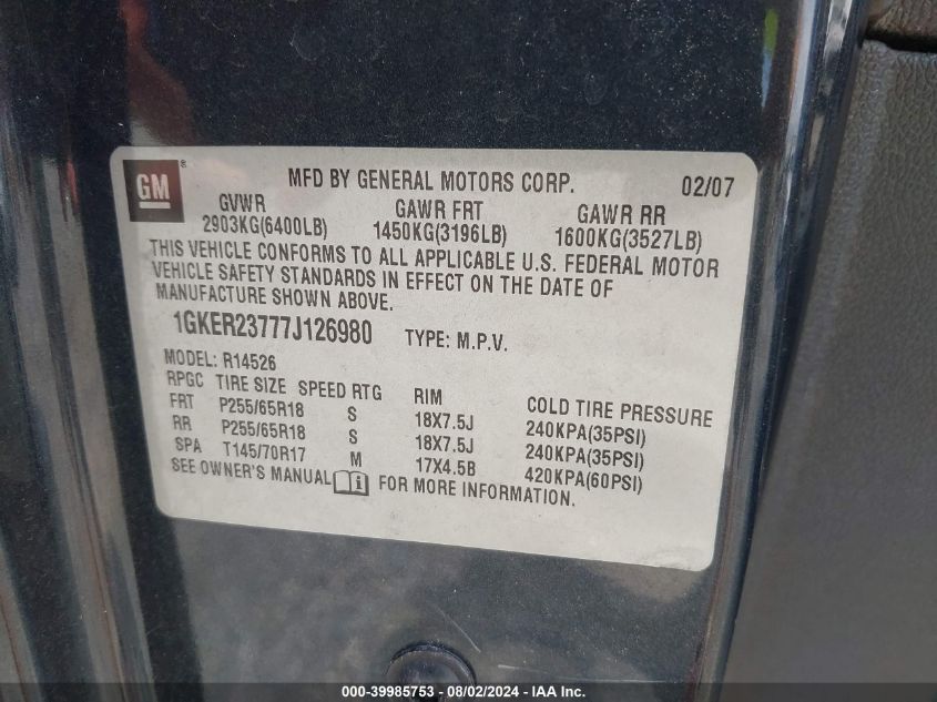 2007 GMC Acadia Slt-1 VIN: 1GKER23777J126980 Lot: 39985753