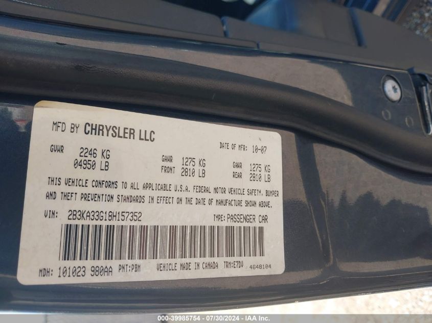 2008 Dodge Charger Sxt VIN: 2B3KA33G18H157352 Lot: 39985754