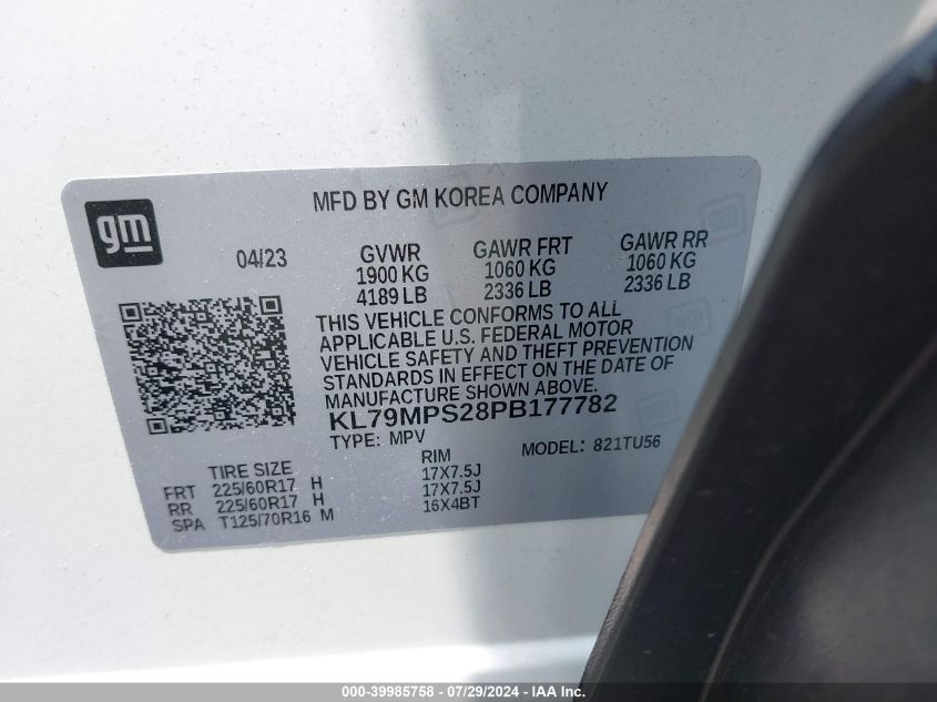 2023 Chevrolet Trailblazer Fwd Lt VIN: KL79MPS28PB177782 Lot: 39985758