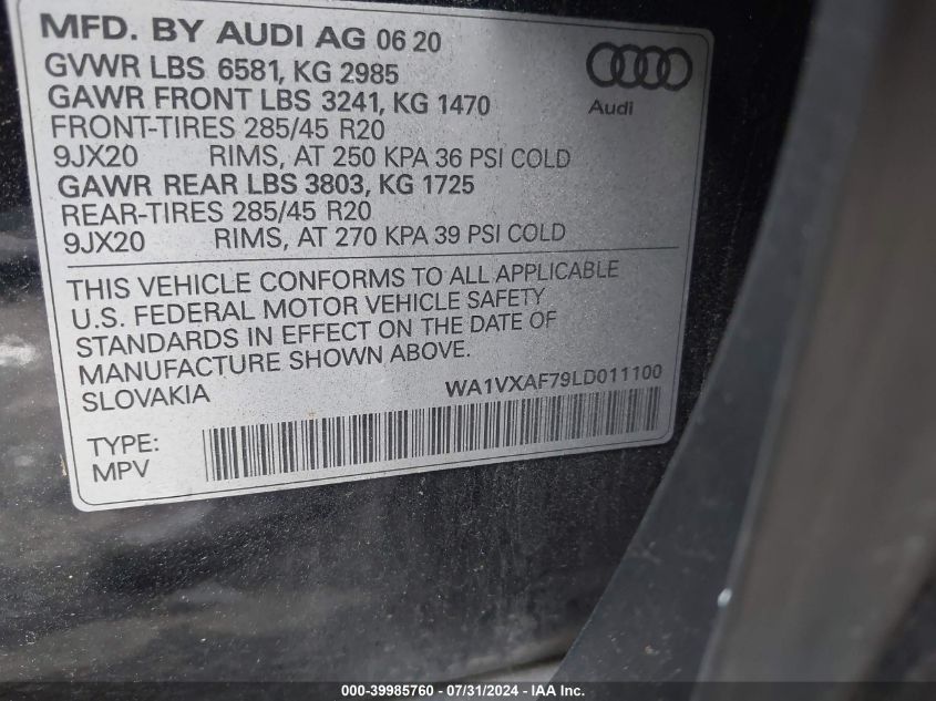 2020 Audi Q7 Prestige 55 Tfsi Quattro Tiptronic VIN: WA1VXAF79LD011100 Lot: 39985760