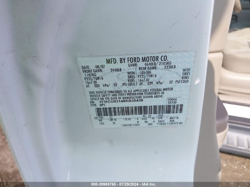 2008 Ford Escape Xlt VIN: 1FMCU93148KB35438 Lot: 39985765