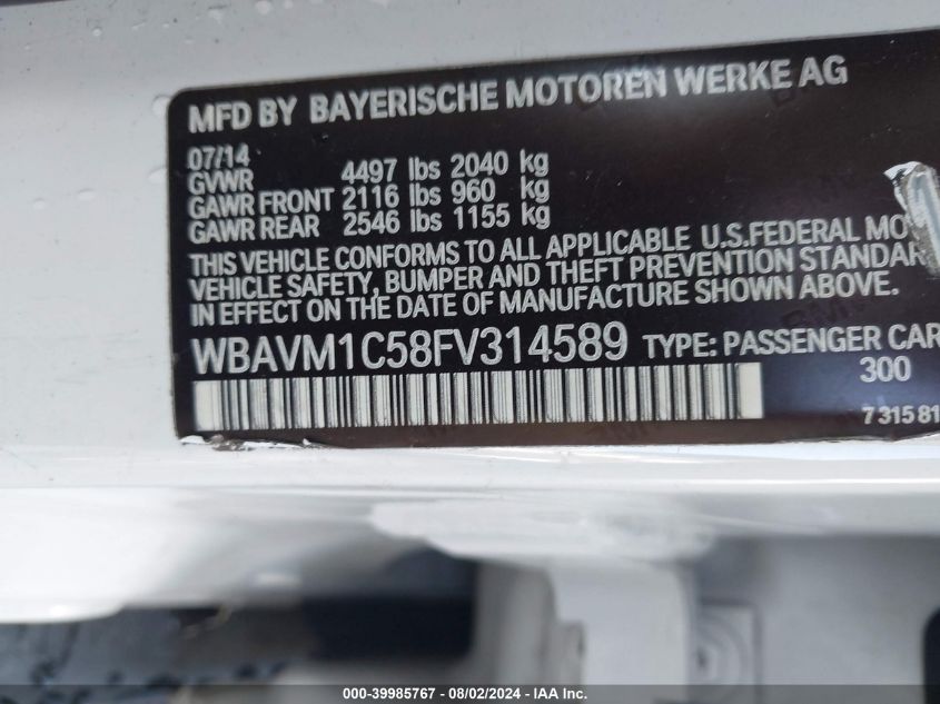 2015 BMW X1 Sdrive28I VIN: WBAVM1C58FV314589 Lot: 39985767