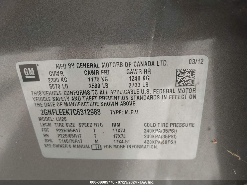 2012 Chevrolet Equinox 1Lt VIN: 2GNFLEEK7C6312988 Lot: 39985770