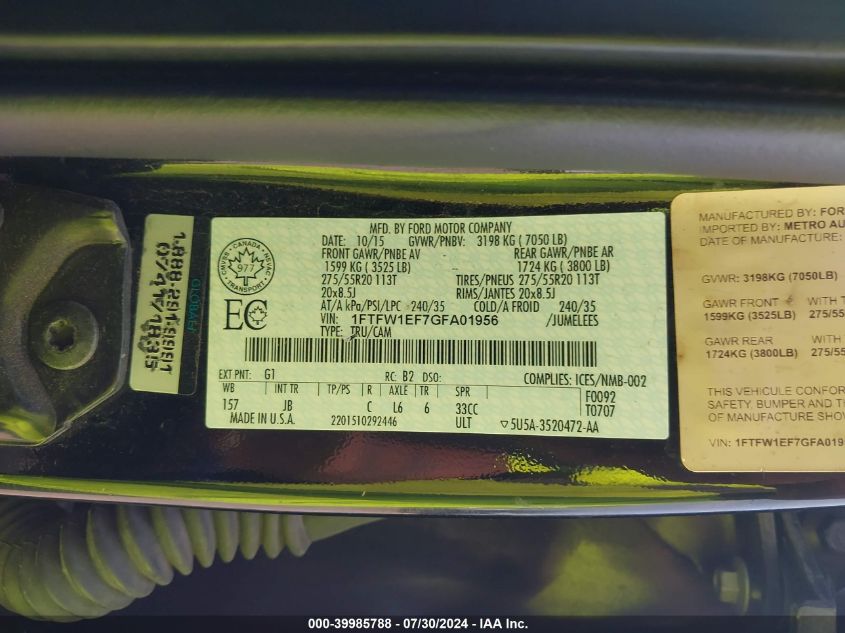 2016 Ford F-150 Supercrew VIN: 1FTFW1EF7GFA01956 Lot: 39985788