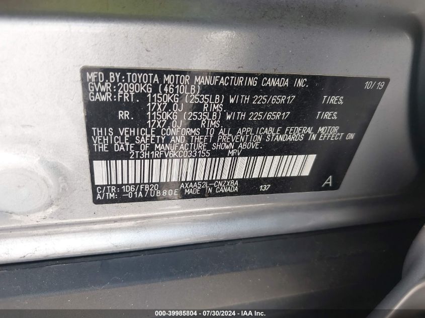 2019 Toyota Rav4 Le VIN: 2T3H1RFV6KC033155 Lot: 39985804