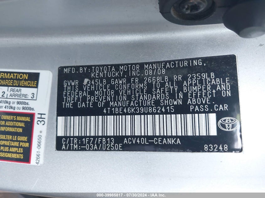 2009 Toyota Camry Le VIN: 4T1BE46K39U862415 Lot: 39985817