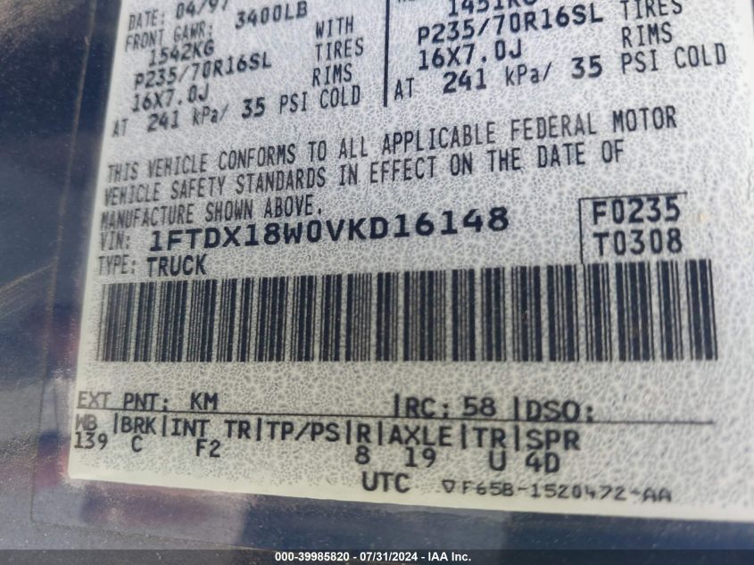 1997 Ford F-150 Lariat/Xl/Xlt VIN: 1FTDX18W0VKD16148 Lot: 39985820