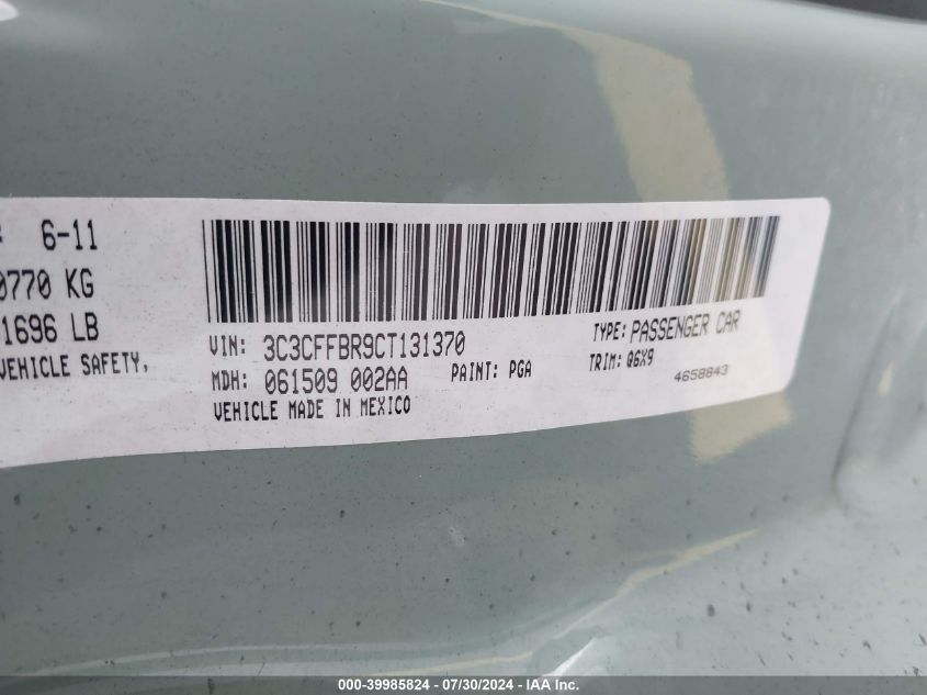 2012 Fiat 500 Sport VIN: 3C3CFFBR9CT131370 Lot: 39985824