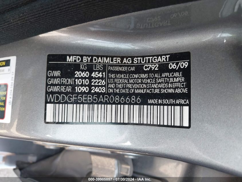 2010 Mercedes-Benz C 300 Luxury/Sport VIN: WDDGF5EB5AR086686 Lot: 39985857