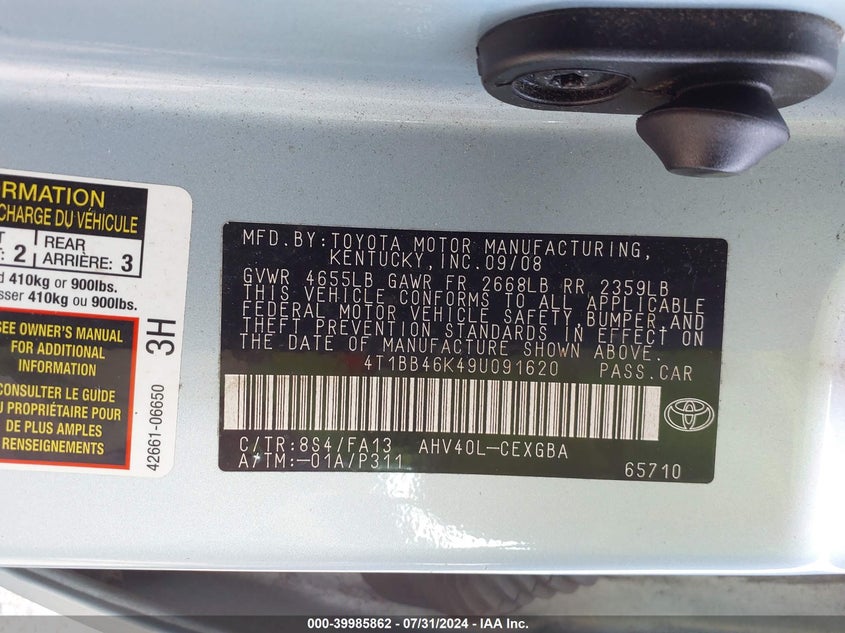 2009 Toyota Camry Hybrid VIN: 4T1BB46K49U091620 Lot: 39985862
